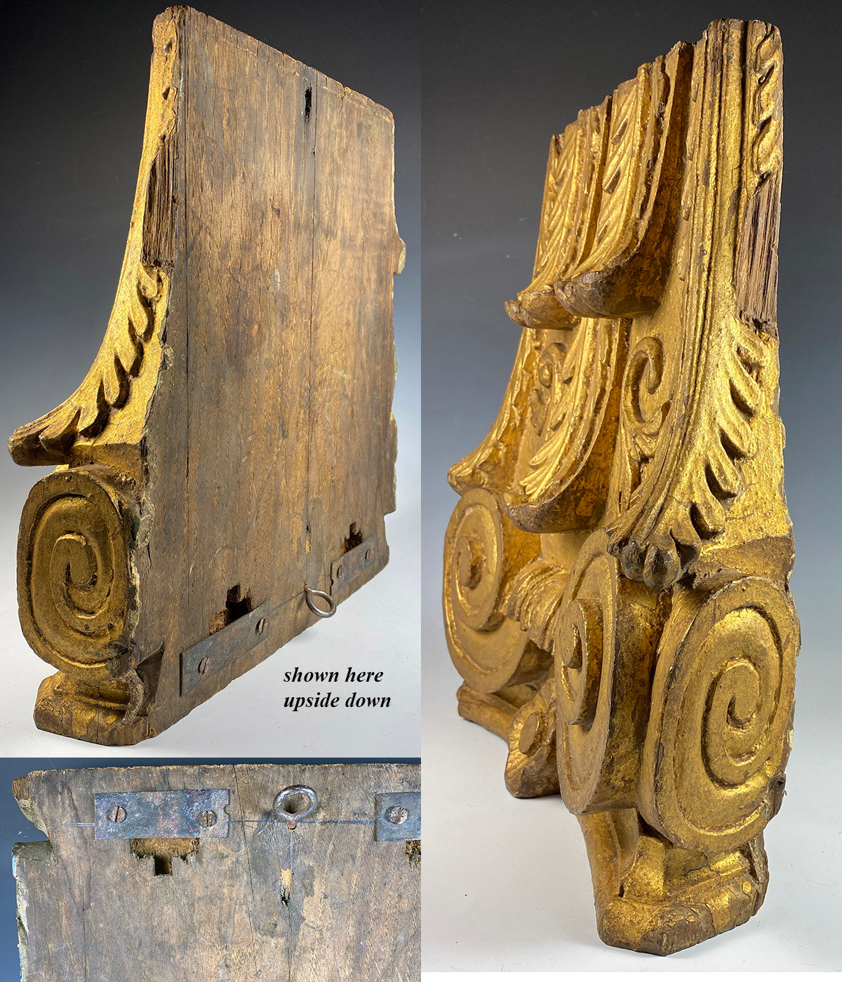 Antique Gilded Architectural Salvage Column Top, Crest, Composit Carved Wood, c.1700s