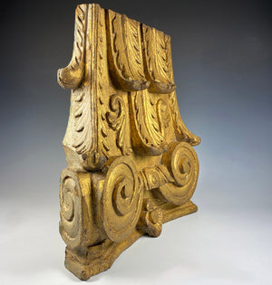 Antique Gilded Architectural Salvage Column Top, Crest, Composit Carved Wood, c.1700s
