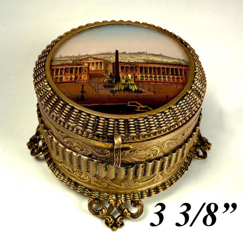 Antique French Grand Tour Souvenir Eglomise Jewelry Box, Concord, Madeleine, Tuileries Palace, Paris