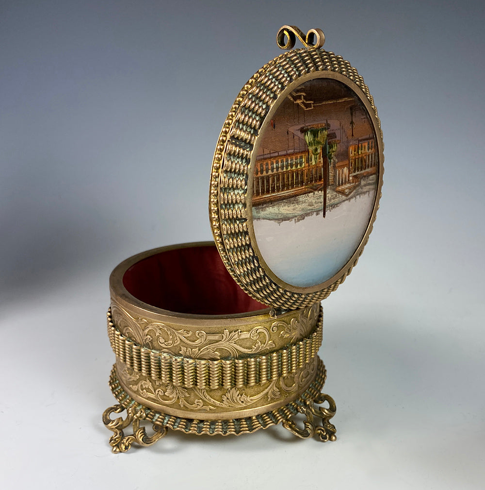 Antique French Grand Tour Souvenir Eglomise Jewelry Box, Concord, Madeleine, Tuileries Palace, Paris