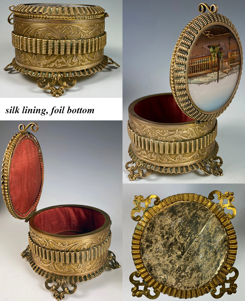 Antique French Grand Tour Souvenir Eglomise Jewelry Box, Concord, Madeleine, Tuileries Palace, Paris