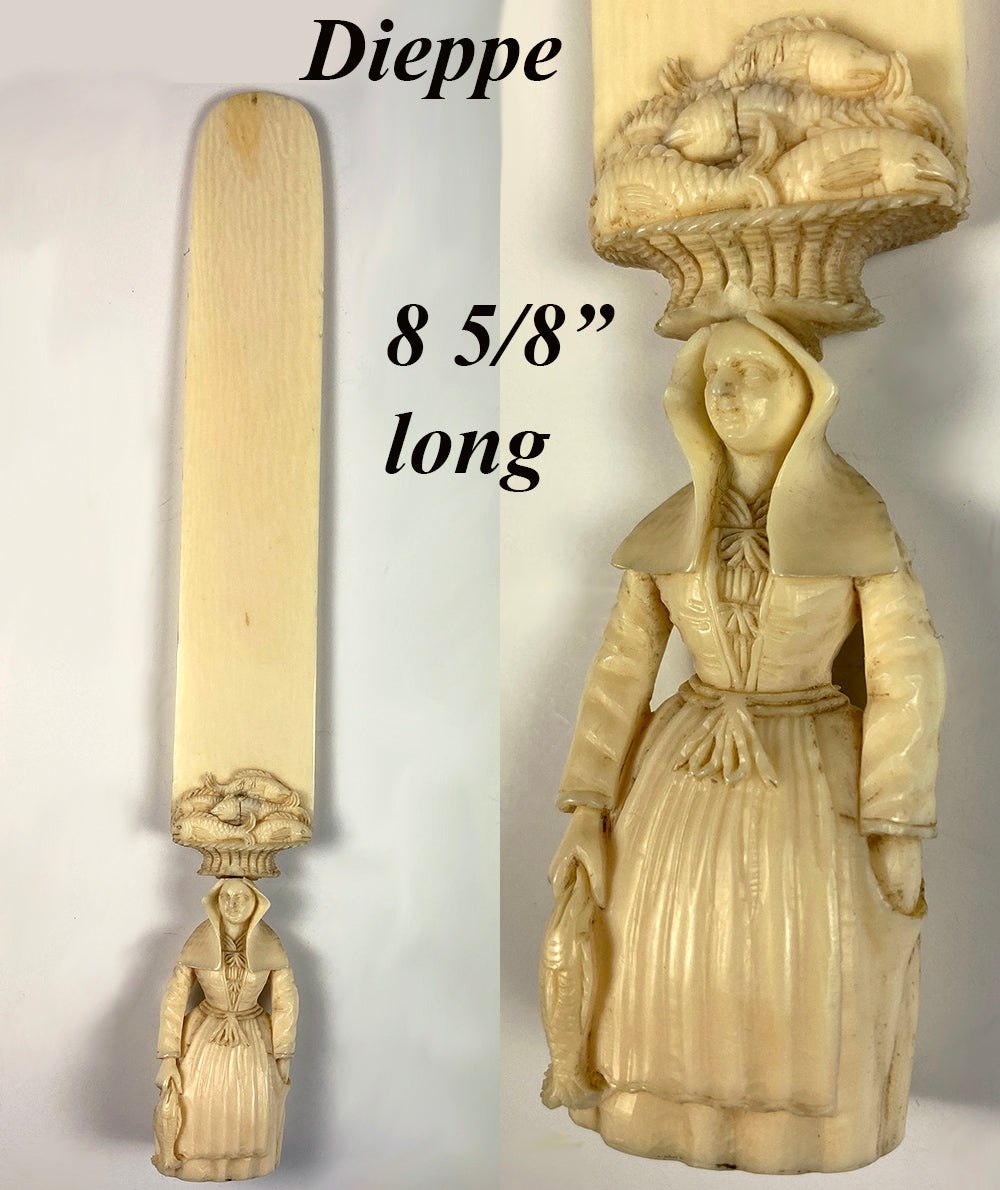 Antique French H Carved Dieppe Figural Ivory Paper Knife, c.1700s Pêcheuse, Fish Woman