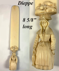 Antique French H Carved Dieppe Figural Ivory Paper Knife, c.1700s Pêcheuse, Fish Woman