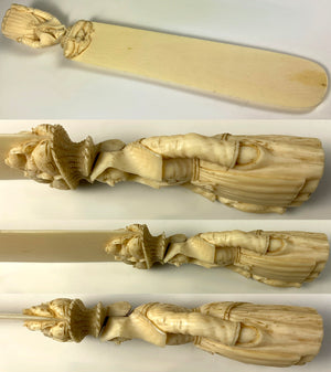 Antique French H Carved Dieppe Figural Ivory Paper Knife, c.1700s Pêcheuse, Fish Woman