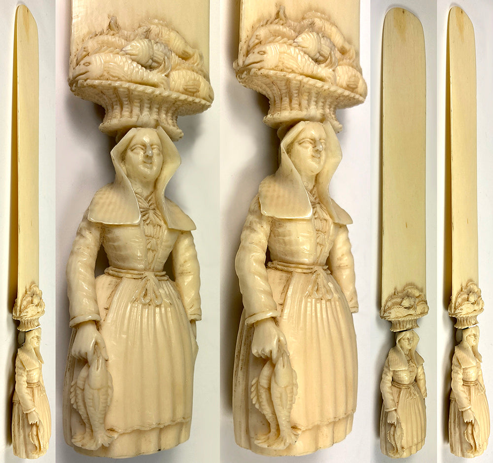 Antique French H Carved Dieppe Figural Ivory Paper Knife, c.1700s Pêcheuse, Fish Woman