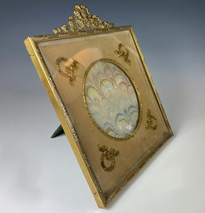 Antique French Dore Bronze 7.5" Square Easel Back Bow Top Frame, Appliqués and Silk