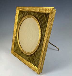 Antique French Dore Bronze 6.5" Square Frame, Easel Stand or Hang, Silk Mat