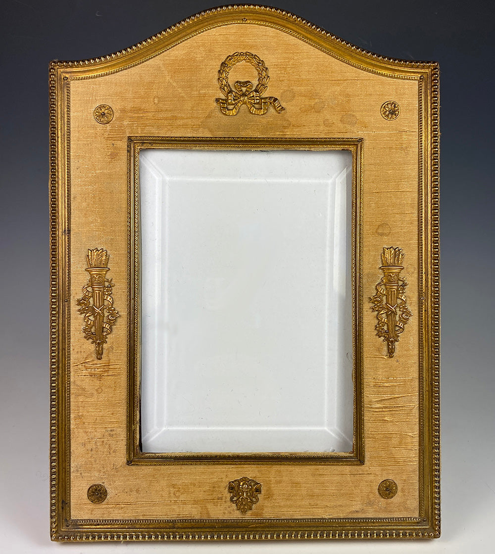 Antique French Second Empire Large Frame, Dore Bronze, Silk, Applique Torches 9 3/8" x 7"