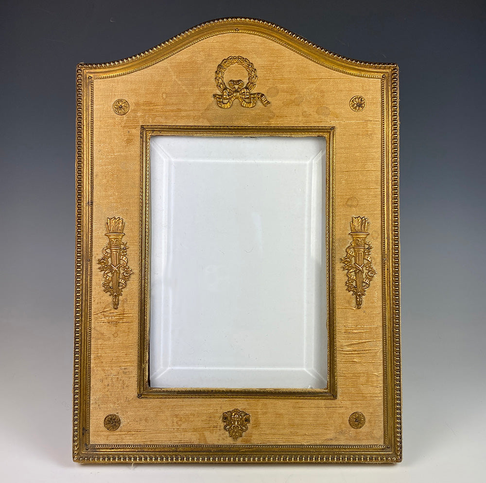 Antique French Second Empire Large Frame, Dore Bronze, Silk, Applique Torches 9 3/8" x 7"