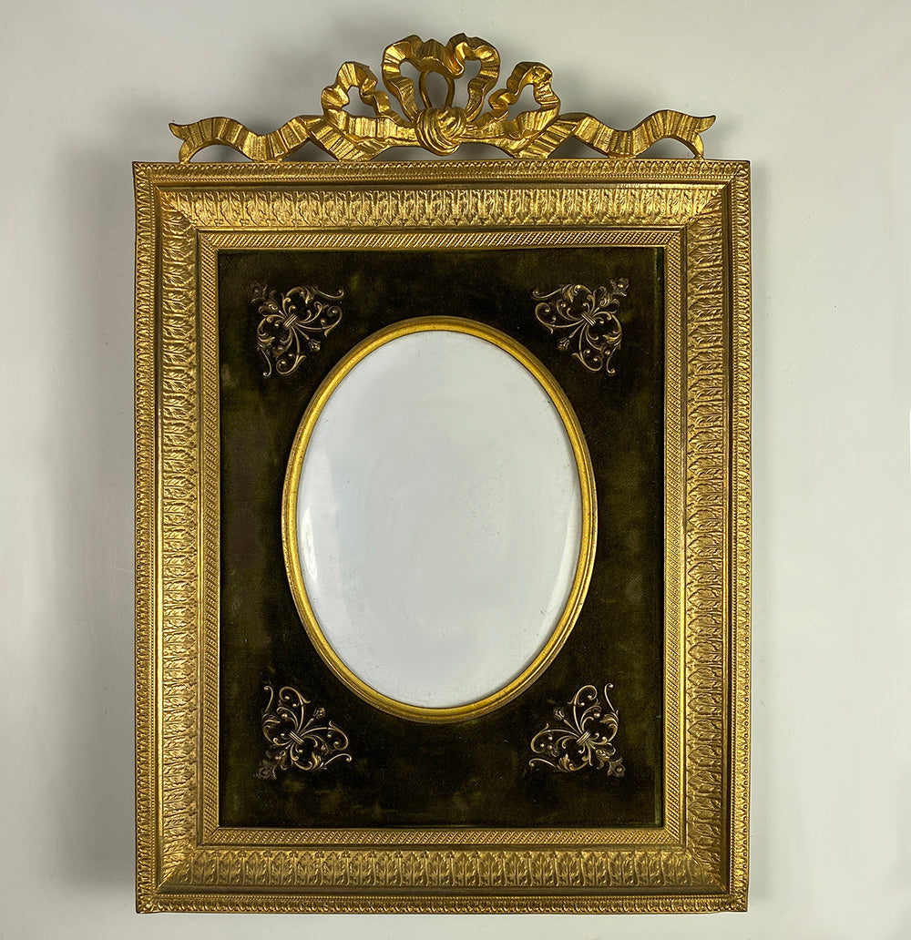 Antique 19th c. French Dore 7"+ Bronze Bow Top Frame, Appliques, Convex Cover Glass