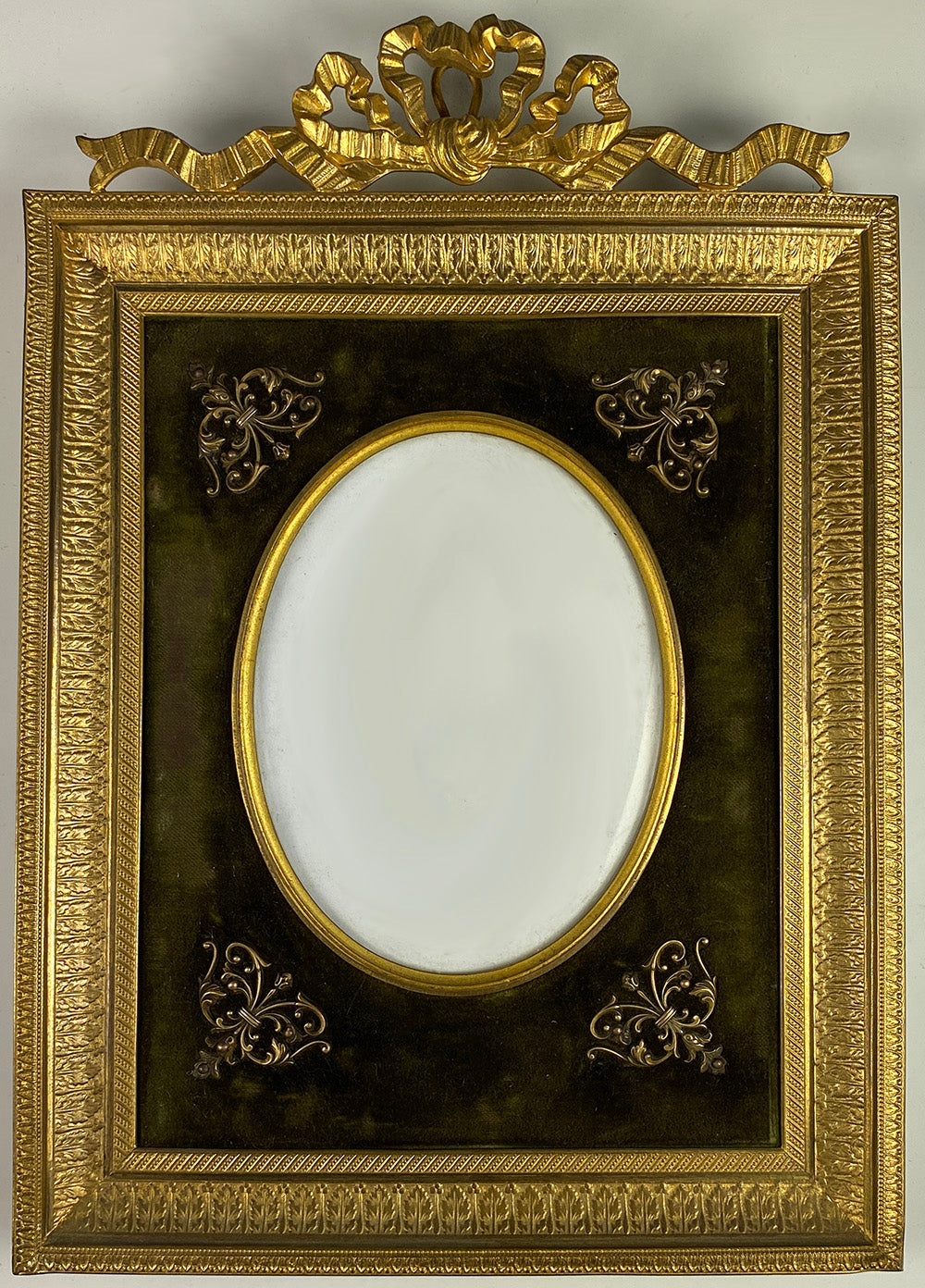 Antique 19th c. French Dore 7"+ Bronze Bow Top Frame, Appliques, Convex Cover Glass