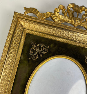 Antique 19th c. French Dore 7"+ Bronze Bow Top Frame, Appliques, Convex Cover Glass