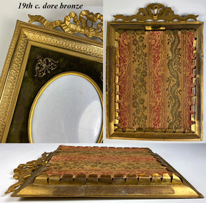 Antique 19th c. French Dore 7"+ Bronze Bow Top Frame, Appliques, Convex Cover Glass