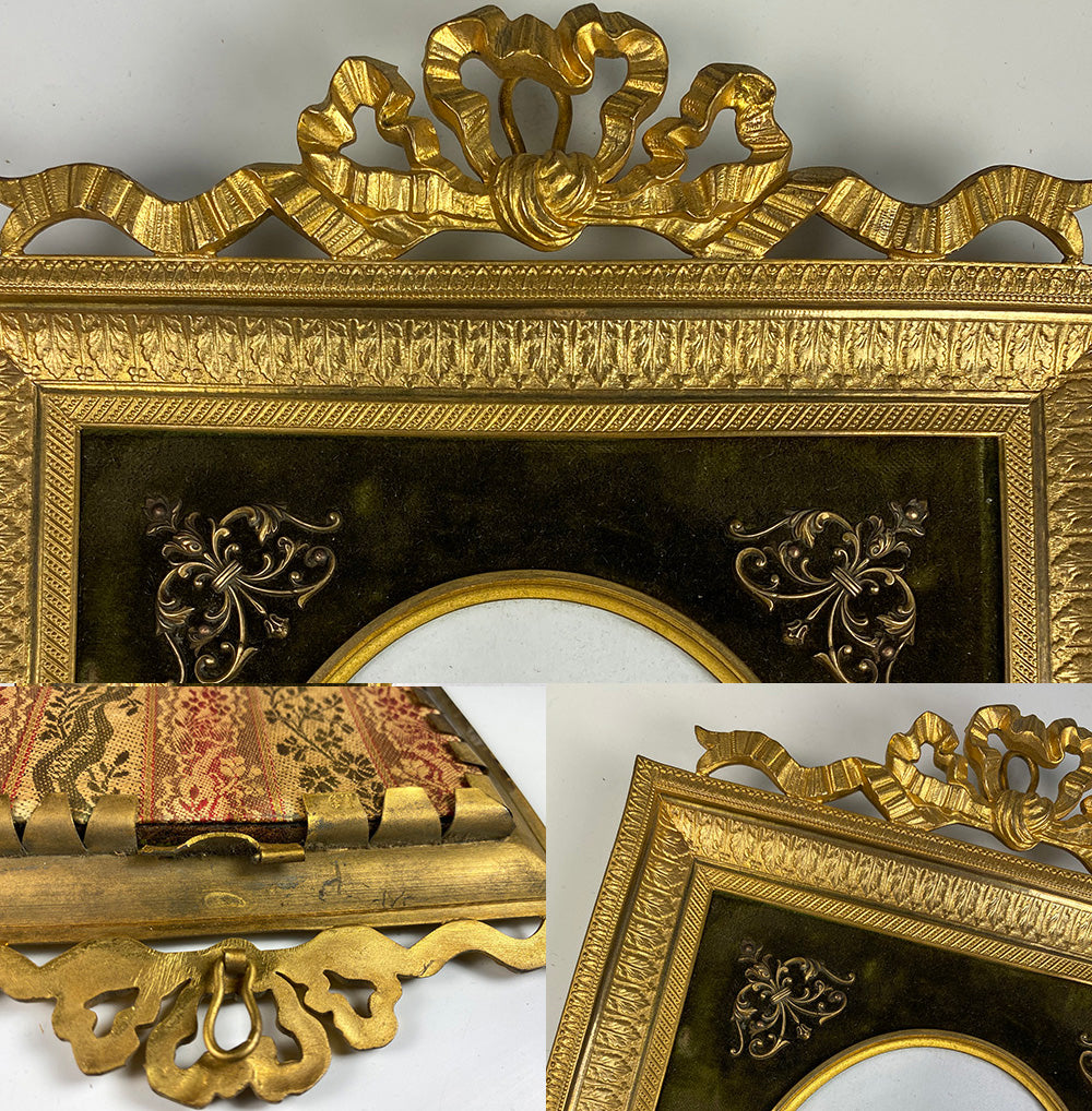 Antique 19th c. French Dore 7"+ Bronze Bow Top Frame, Appliques, Convex Cover Glass