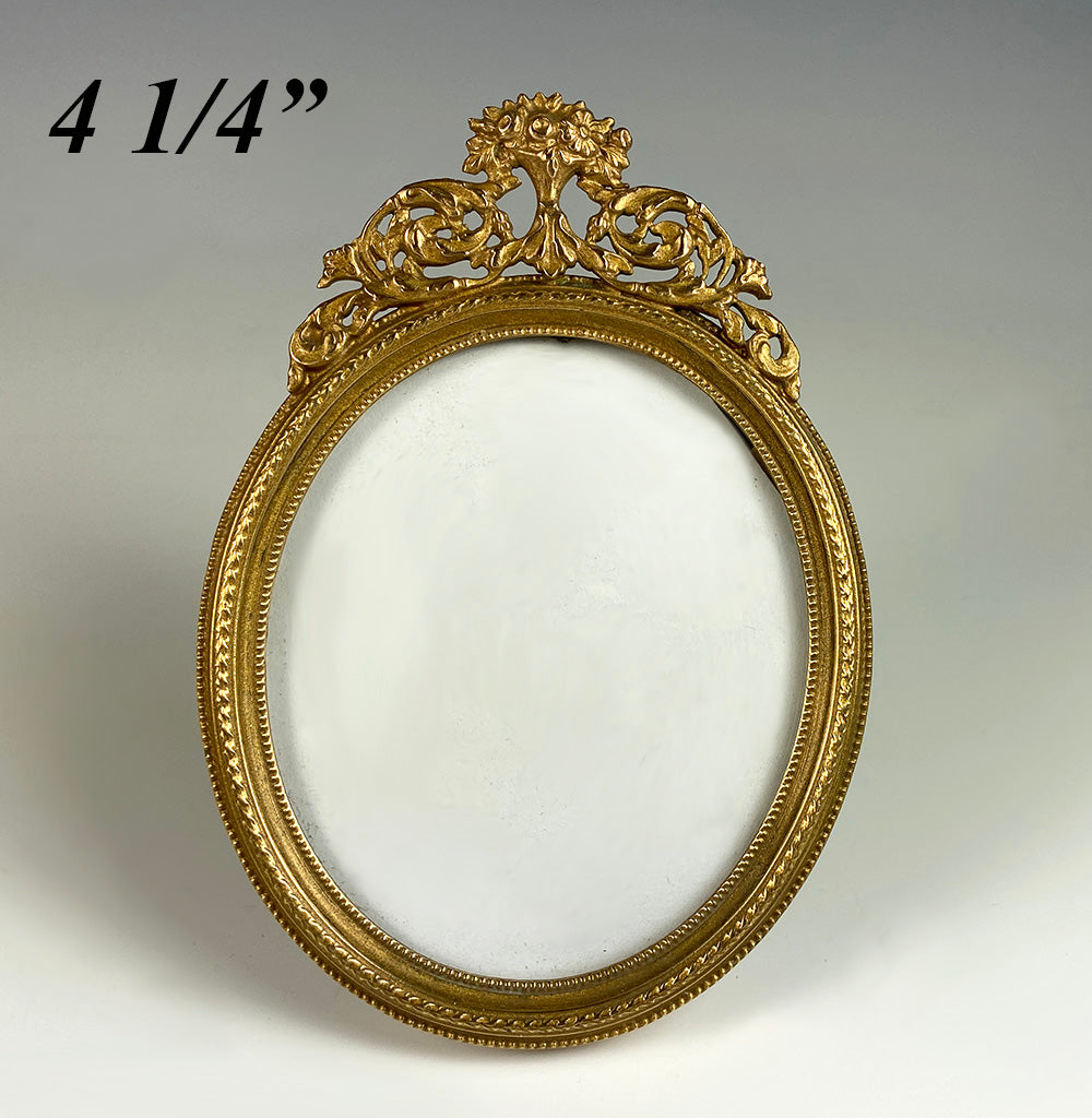 Antique 4.25" Tall Oval French Miniature Frame, Dore Bronze, Easel Stand or Hang