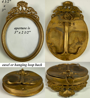 Antique 4.25" Tall Oval French Miniature Frame, Dore Bronze, Easel Stand or Hang