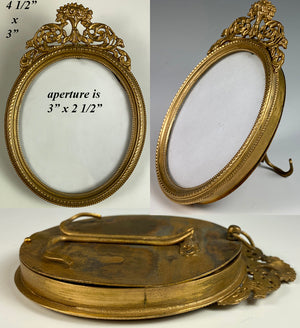 Antique 4.25" Tall Oval French Miniature Frame, Dore Bronze, Easel Stand or Hang