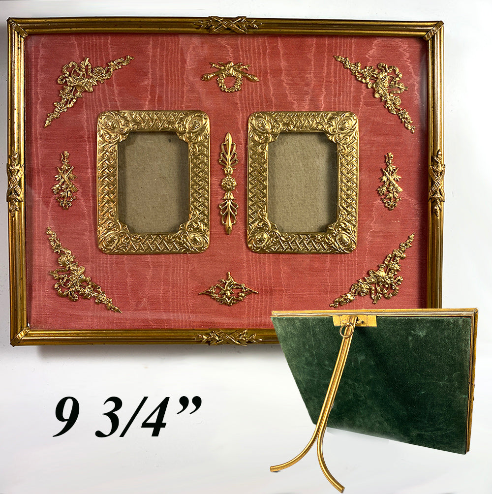 Antique French Dore Bronze Easel Stand Frame, Appliques and Moire Silk, 9.75" Wide, Double Aperture