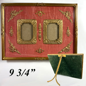 Antique French Dore Bronze Easel Stand Frame, Appliques and Moire Silk, 9.75" Wide, Double Aperture