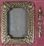 Antique French Dore Bronze Easel Stand Frame, Appliques and Moire Silk, 9.75" Wide, Double Aperture