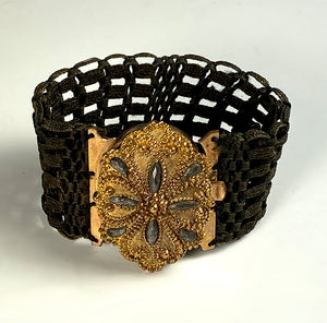 Antique Victorian Era French Woven Hair Art Bracelet, 10k Clasp w Cut Steel