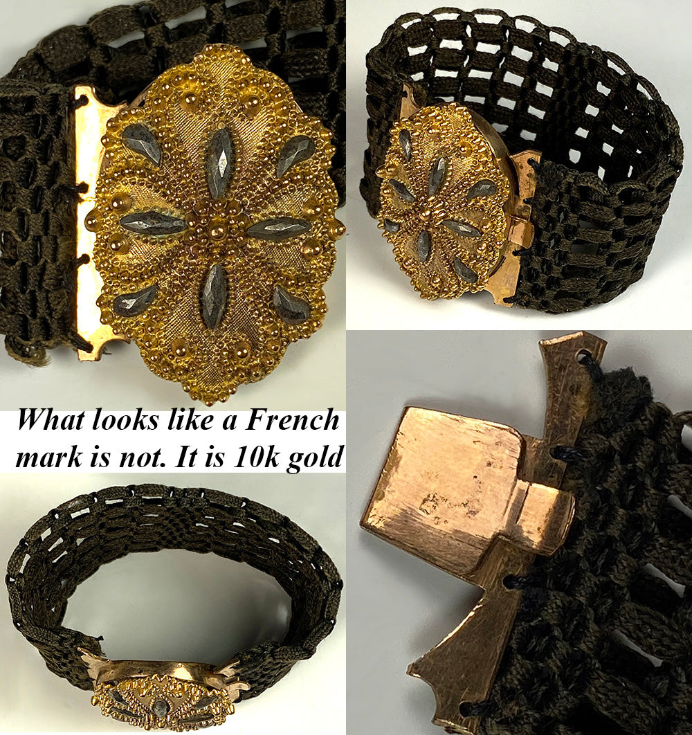 Antique Victorian Era French Woven Hair Art Bracelet, 10k Clasp w Cut Steel