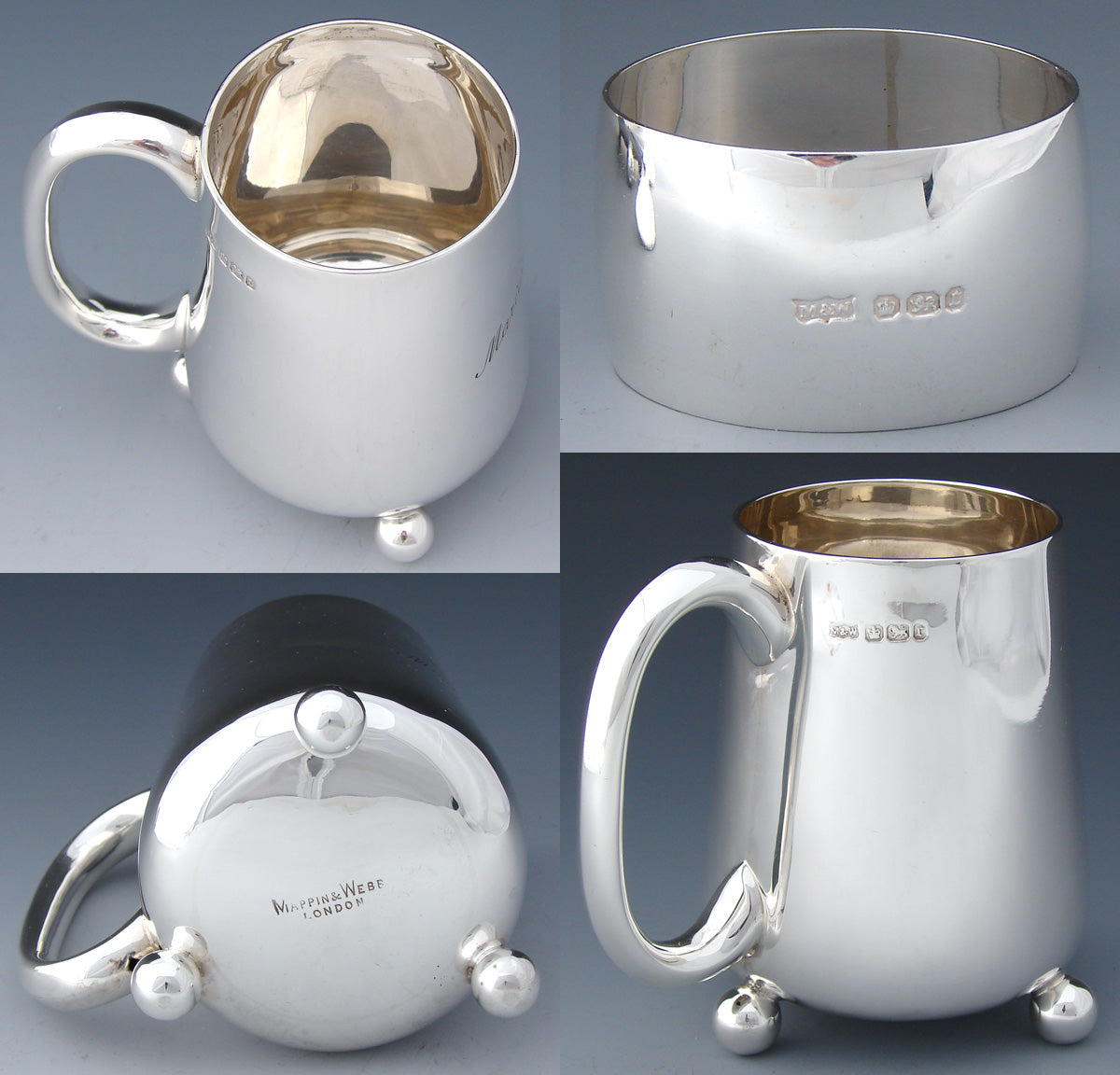 Antique Mappin & Webb Sterling Silver 3pc Coffee or Tea Set, Cup, Teaspoon & Napkin Ring in Shaped Leather Box