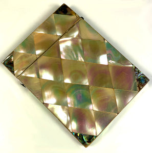 Antique French Mother of Pearl Card Case, Parquet, 4" x 3", Abalone Accents