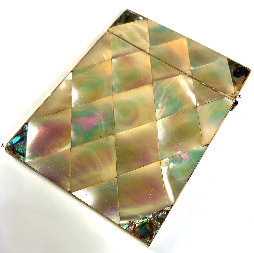 Antique French Mother of Pearl Card Case, Parquet, 4" x 3", Abalone Accents