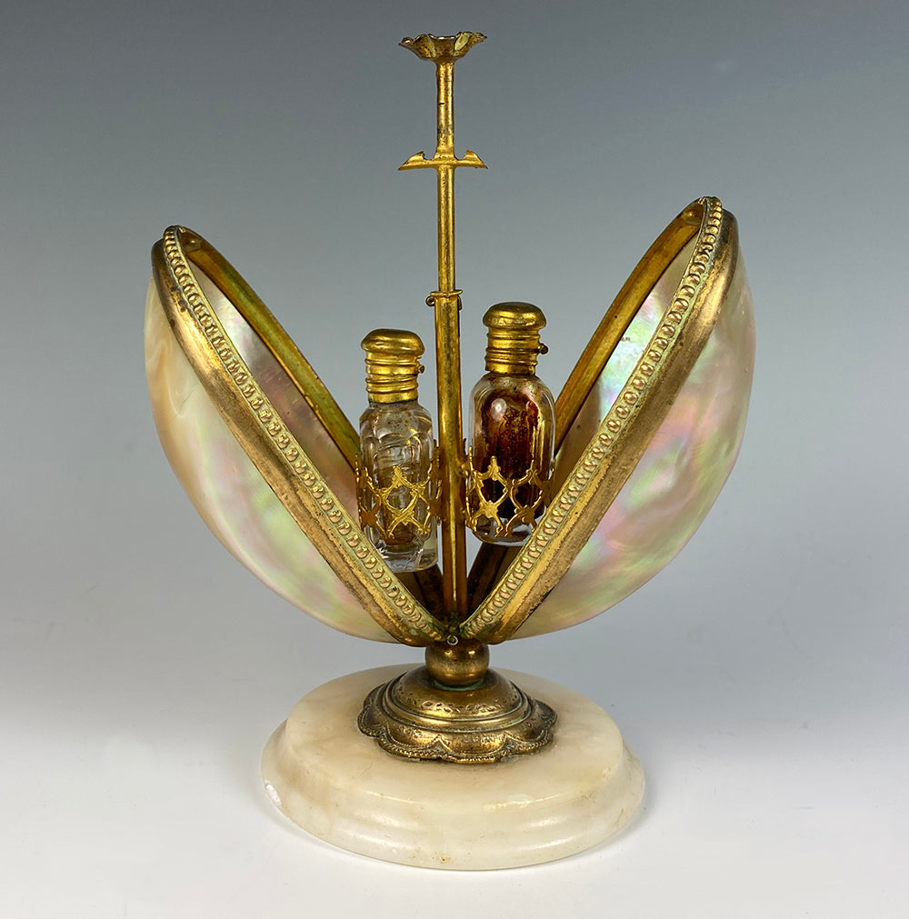 Antique French Scent Caddy, Mother of Pearl Egg, Mechanical with 2 Perfume Bottles