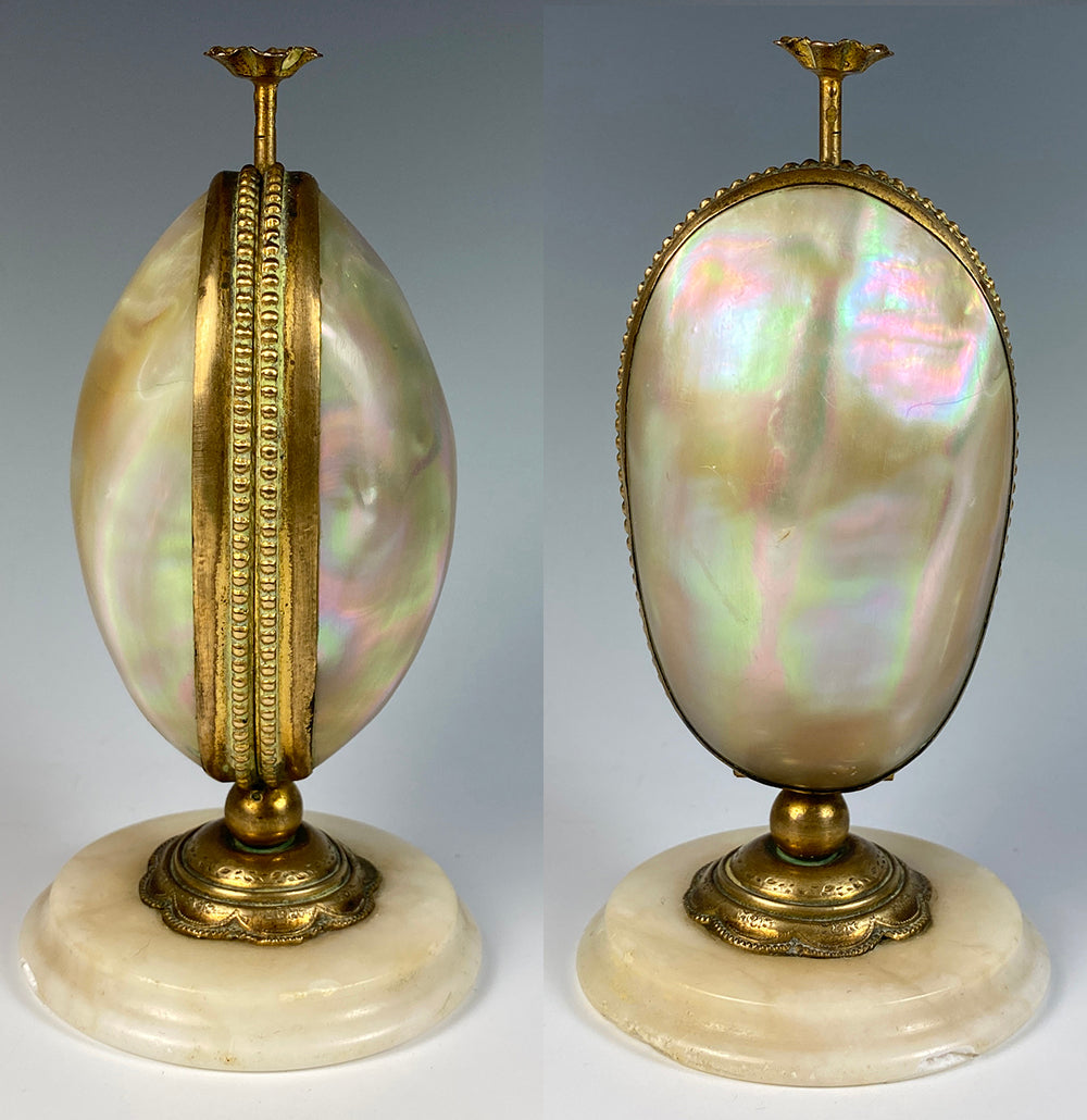Antique French Scent Caddy, Mother of Pearl Egg, Mechanical with 2 Perfume Bottles