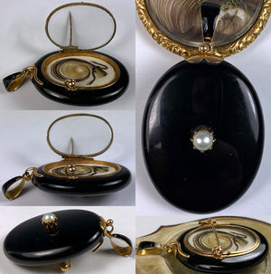 Antique French 18k Gold and Black Enamel, Pearl, Double Locket, Mourning Pendant or Brooch