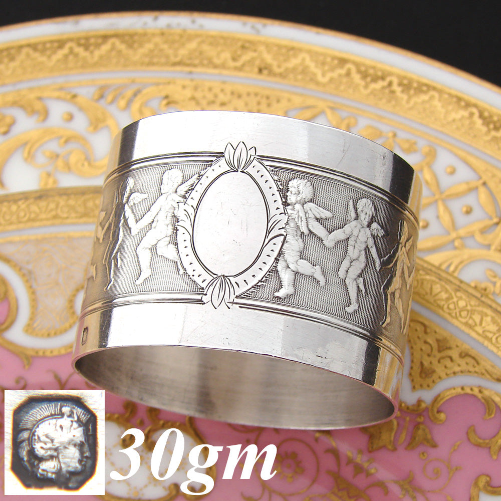 Antique French Sterling Silver Napkin Ring, Dancing Winged Angels, Cherubs or Putti Figures