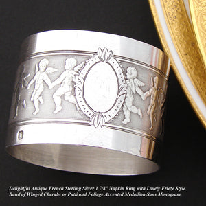 Antique French Sterling Silver Napkin Ring, Dancing Winged Angels, Cherubs or Putti Figures