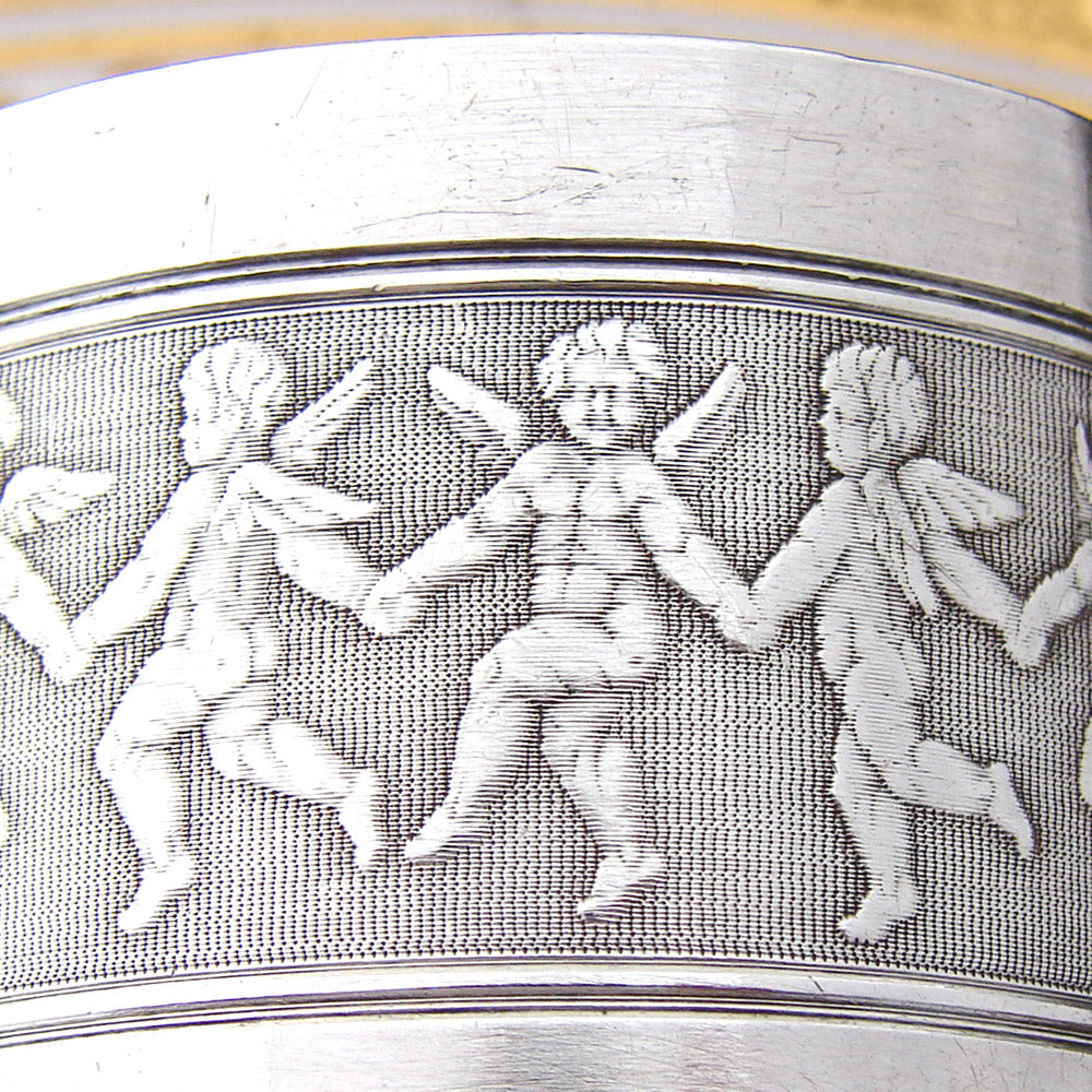 Antique French Sterling Silver Napkin Ring, Dancing Winged Angels, Cherubs or Putti Figures