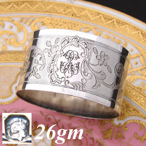 Lovely Antique French Sterling Silver 2" Napkin Ring, Flowers & Scrolling Tendrils