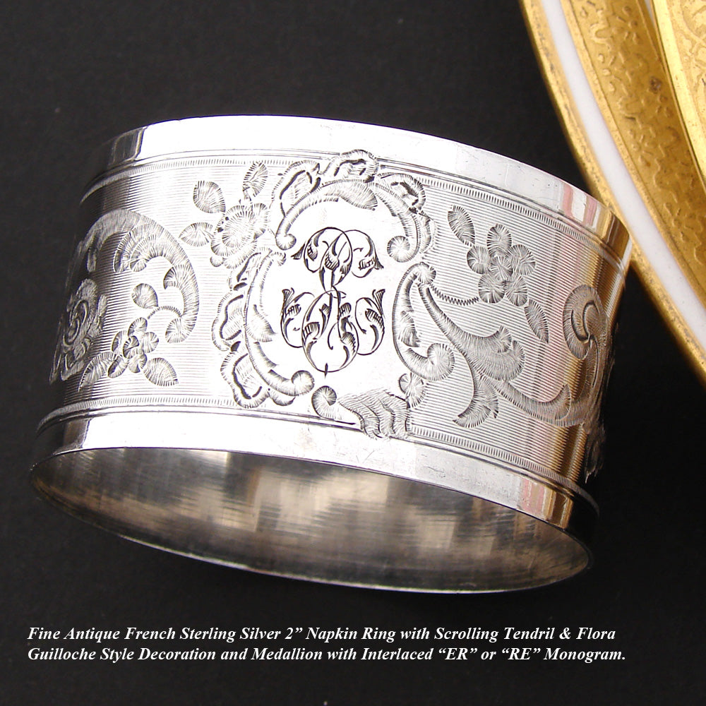 Lovely Antique French Sterling Silver 2" Napkin Ring, Flowers & Scrolling Tendrils