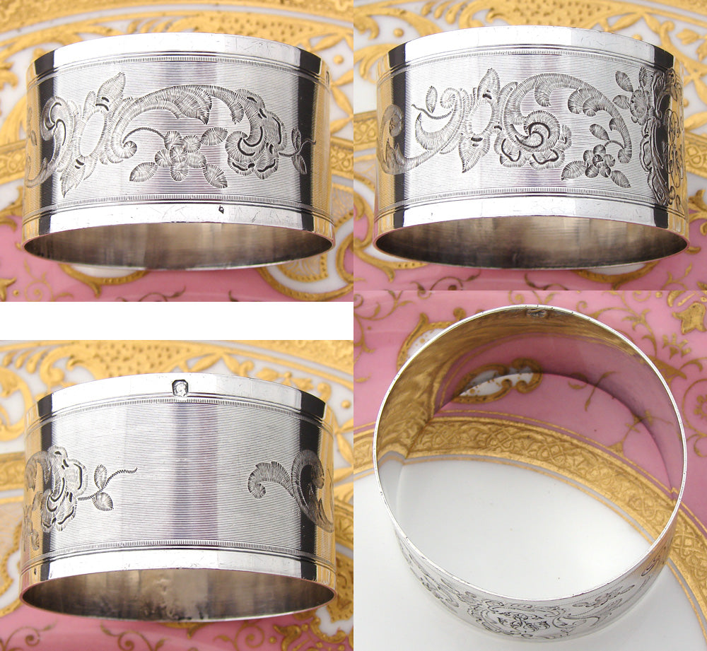 Lovely Antique French Sterling Silver 2" Napkin Ring, Flowers & Scrolling Tendrils