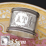 Antique French Sterling Silver Napkin Ring, Guilloche Style Decoration, AT Monogram