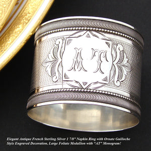 Antique French Sterling Silver Napkin Ring, Guilloche Style Decoration, AT Monogram