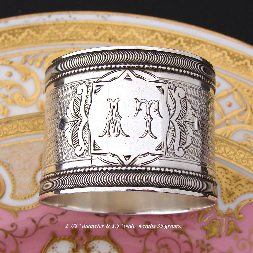 Antique French Sterling Silver Napkin Ring, Guilloche Style Decoration, AT Monogram