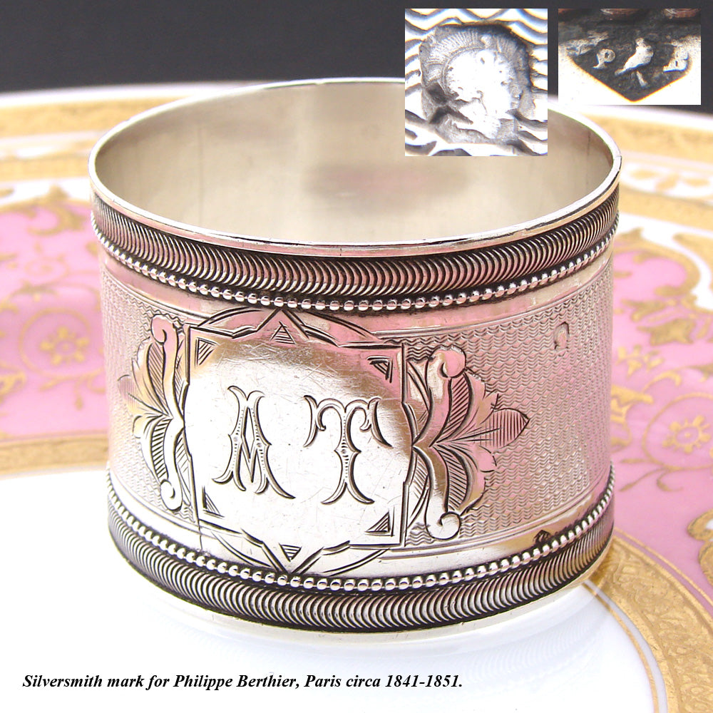 Antique French Sterling Silver Napkin Ring, Guilloche Style Decoration, AT Monogram