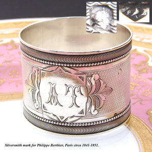 Antique French Sterling Silver Napkin Ring, Guilloche Style Decoration, AT Monogram