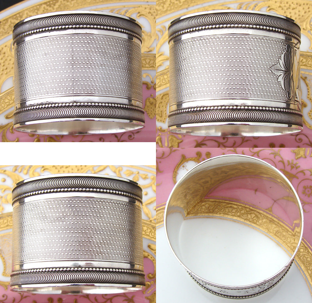 Antique French Sterling Silver Napkin Ring, Guilloche Style Decoration, AT Monogram