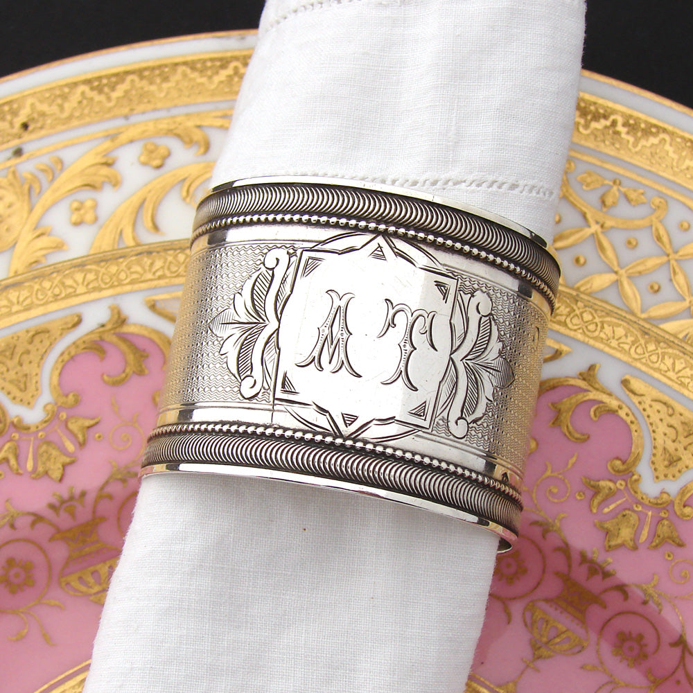 Antique French Sterling Silver Napkin Ring, Guilloche Style Decoration, AT Monogram