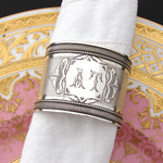 Antique French Sterling Silver Napkin Ring, Guilloche Style Decoration, AT Monogram