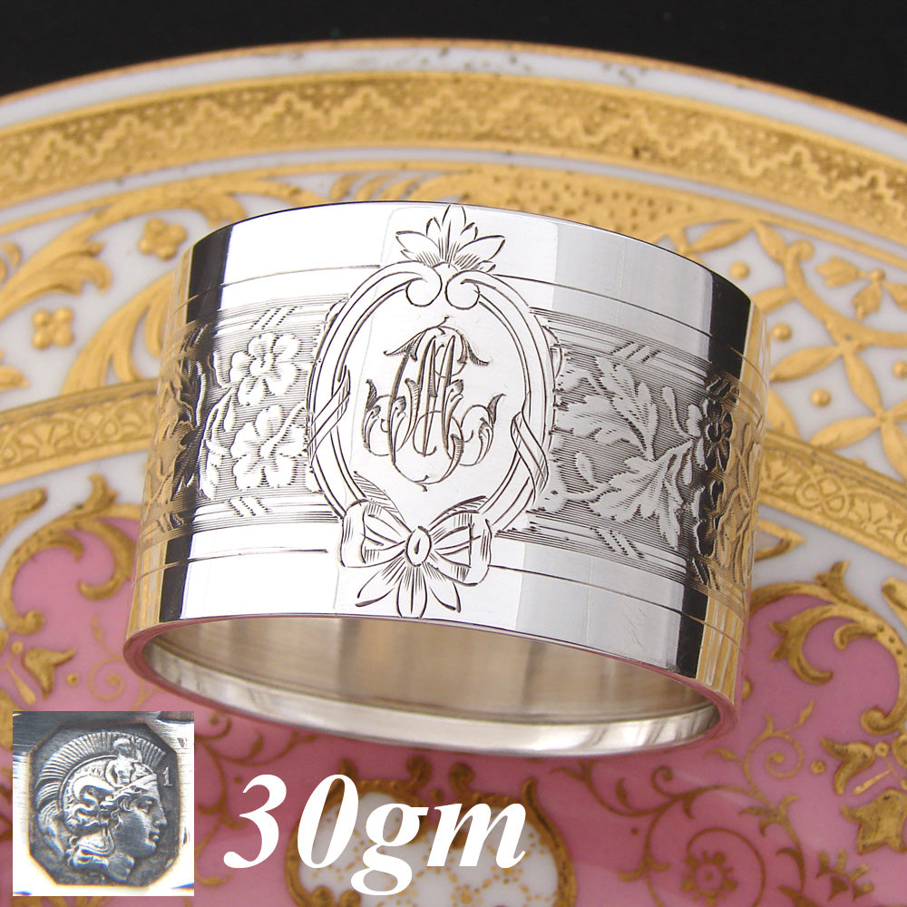 Antique French Sterling Silver Napkin Ring, Ornate Guilloche Style Floral