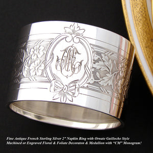 Antique French Sterling Silver Napkin Ring, Ornate Guilloche Style Floral