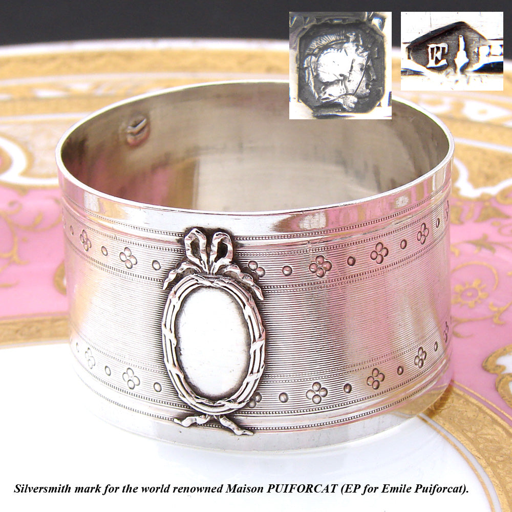 Antique French Puiforcat Sterling Silver Napkin Ring, Guilloche Style, Bow & Ribbon Medallion