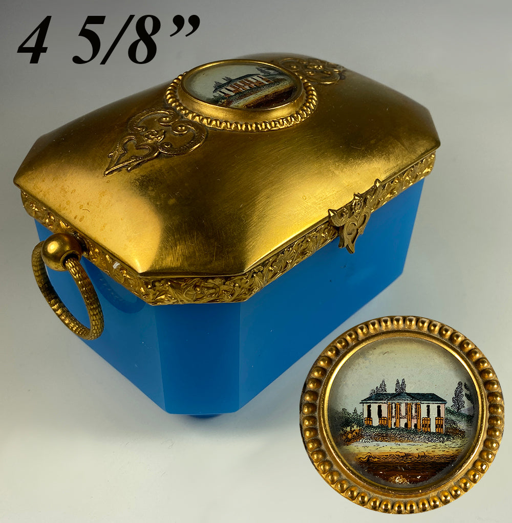 Antique French Opaline Box, Casket, Coffret with Handles, Eglomise View of a Chateau